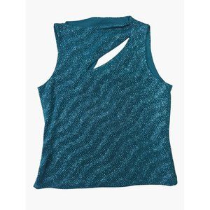 XSCAPE Womens Sleeveless Top With Cutout Glitter Tinsel Large Teal 4 way stretch